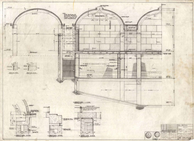 Sketch by Louis Kahn, and wall section drawing, courtesy of University ...